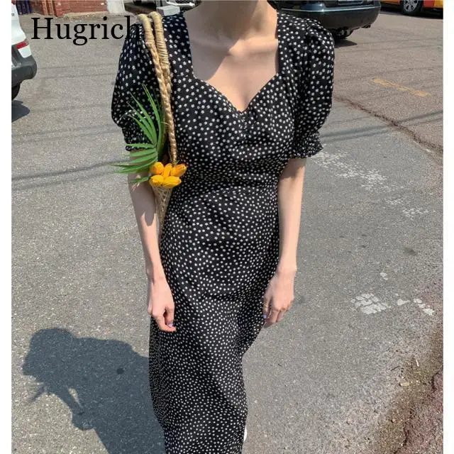 

Women Dress Korean Fashion New Clothes Vintage Square Collar Lace Up Vestidos Slim Fit Print Lantern Sleeve Dresses