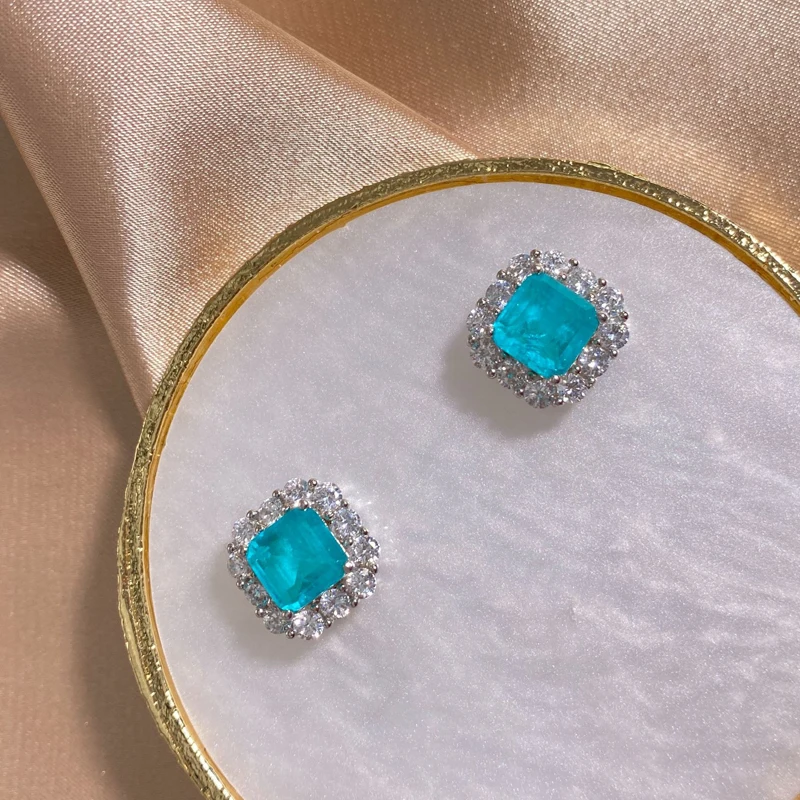 

COSYA 100% 925 Sterling Silver Sky Blue Paraiba 7*7mm Micro-set High Carbon Diamond Luxury Female Wedding Earrings Fine Jewelry