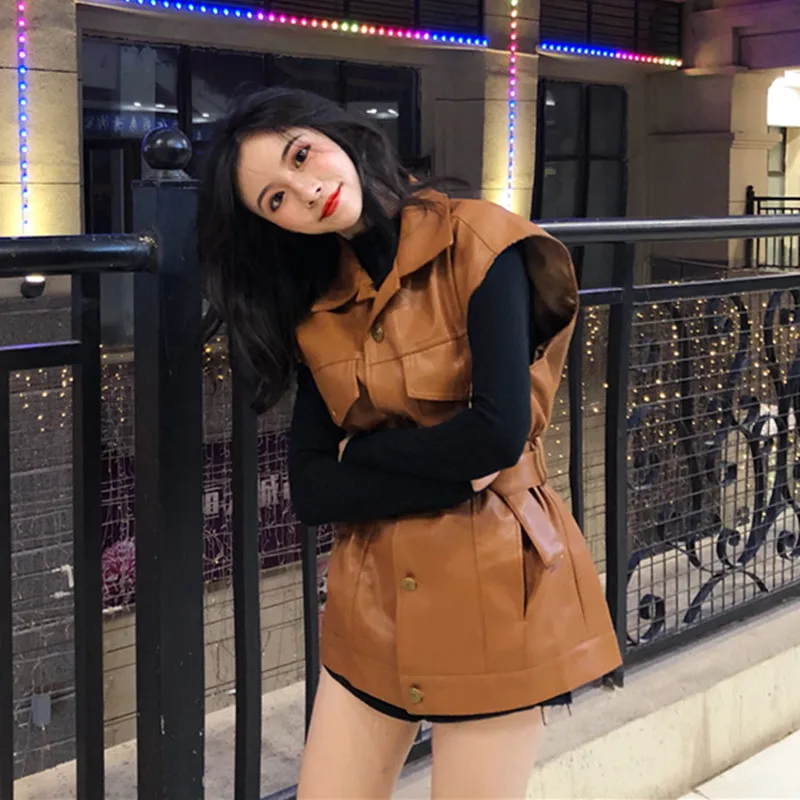 Женский однотонный жилет модная Осенняя однобортная мотоциклетная кожаная