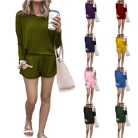 2021 fashion women tracksuit spring and autumn solid color drawstring decor o collar long sleeve mid waist slim home shorts suit