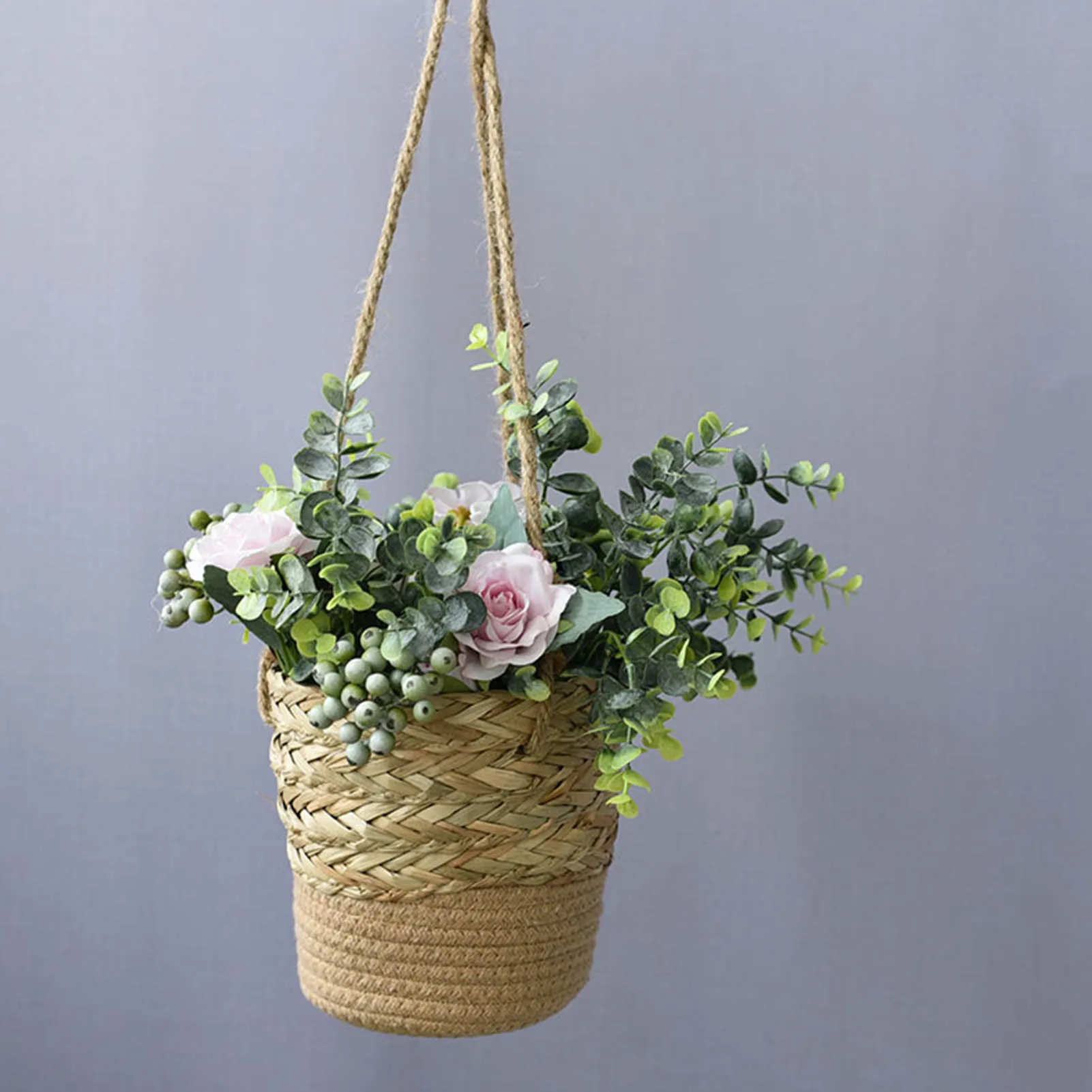 

Natural Cattail Woven Hemp Rope Hanging Basket Retro Simple Circular Straw Woven Flower Pot Herbal Plant Container With Lining