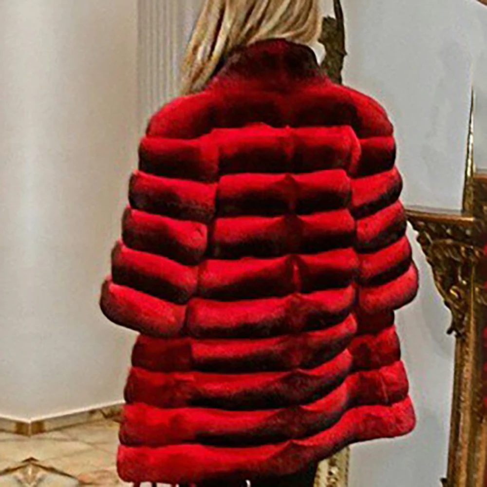 Fashion Red Real Rex Rabbit Fur Coat Medium Length Stand Collar Natural Women Genuine Rex Rabbit Fur Coats Outwear Luxury Woman