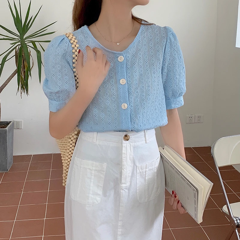 

Hzirip Korean O Neck Puff Sleeve Design Sense Single-Breasted Women's 2021 Solid Color All-Match Casual Short-Sleeved Shirt