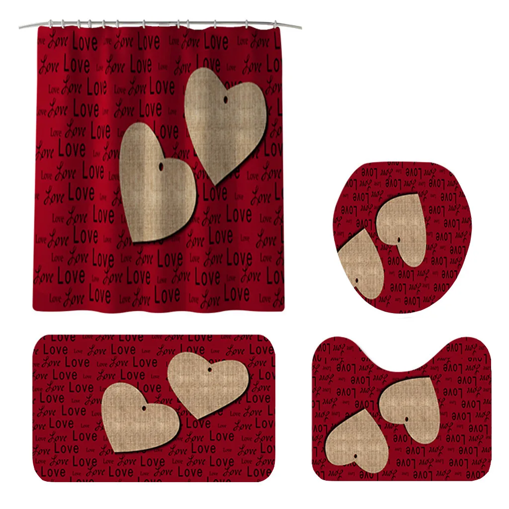 Печатная любовь занавеска для душа напольный коврик из четырех частей ванной