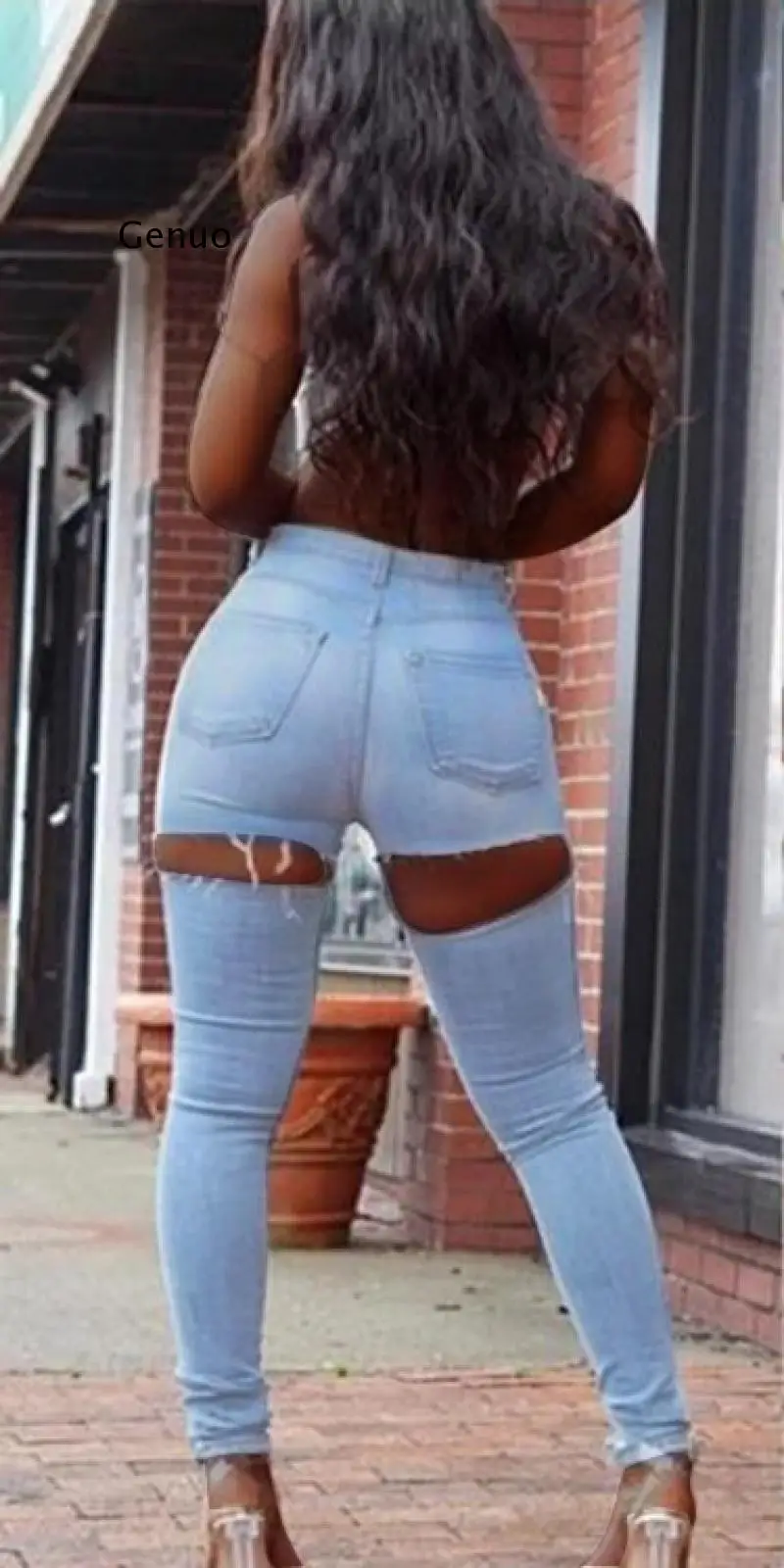 Sexy Street Plus Size High Waist Butt Ripped Jeans for Women Skinny Push Up Ass Hole Big Hips Jean Woman Pencil Denim Pant | Женская