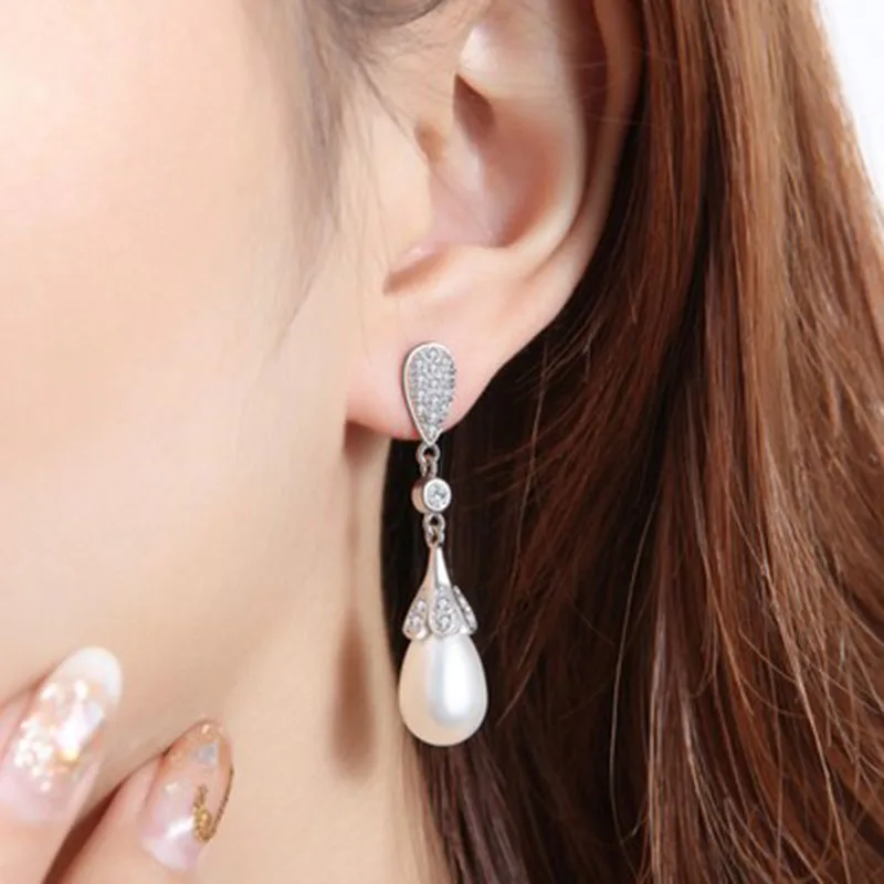 

Net Red Fashion S925 Silver Needle Drop Earrings Long Tassel Pearl Earrings Zircon Pearl Petal Earrings Jewelry Korean Earrings