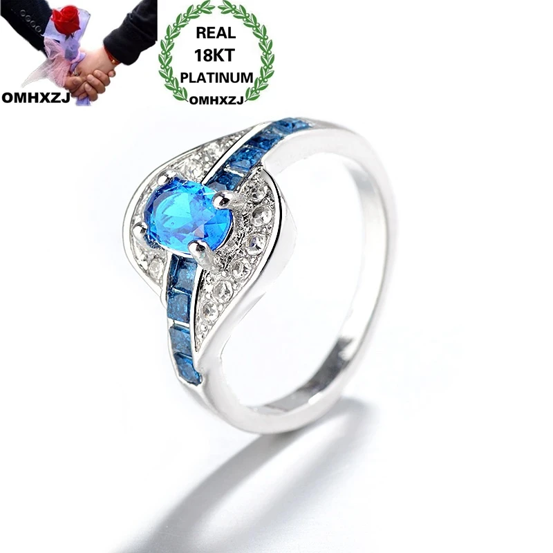 

OMHXZJ Wholesale European Fashion Woman Girl Party Birthday Wedding Gift Oval Blue Red AAA Zircon 18KT White Gold Ring RR1017