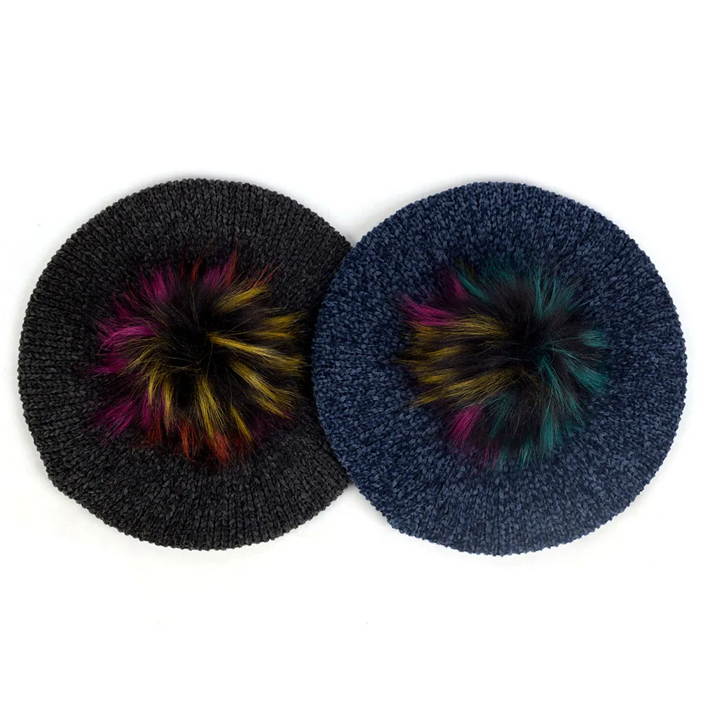 Женский вязаный берет Geebro элегантный из синели с искусственным мехом и помпоном