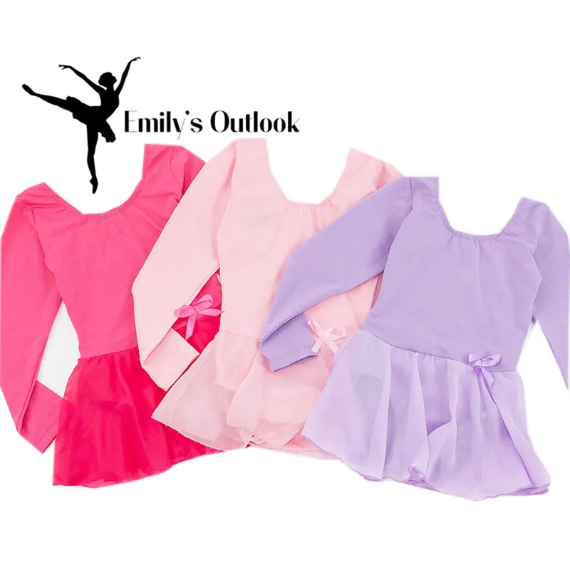 

Girls Skirted Leotard Ballet Dance Costume Ballerina Dress Long Sleeve Cotton Front Lined With Bow Tie Decorated Purple