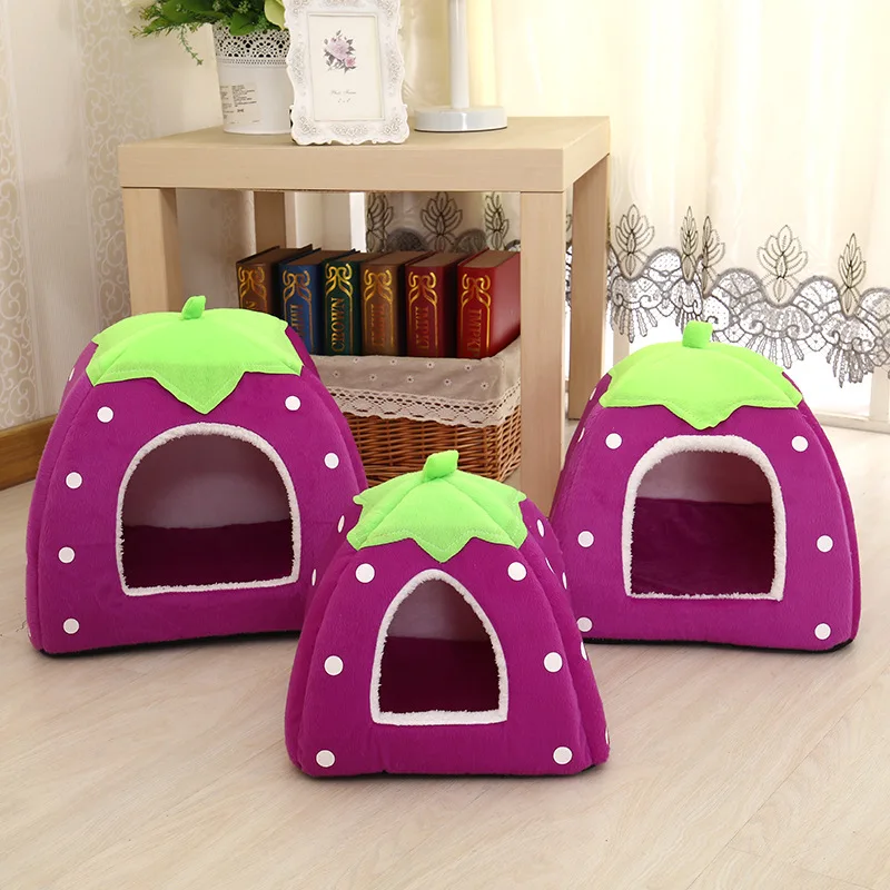 Soft Strawberry Pet Dog Cat House Comfortable Kennel Doggy Bed Foldable Fashion Cushion Basket Cute Animal Cave Products | Дом и сад
