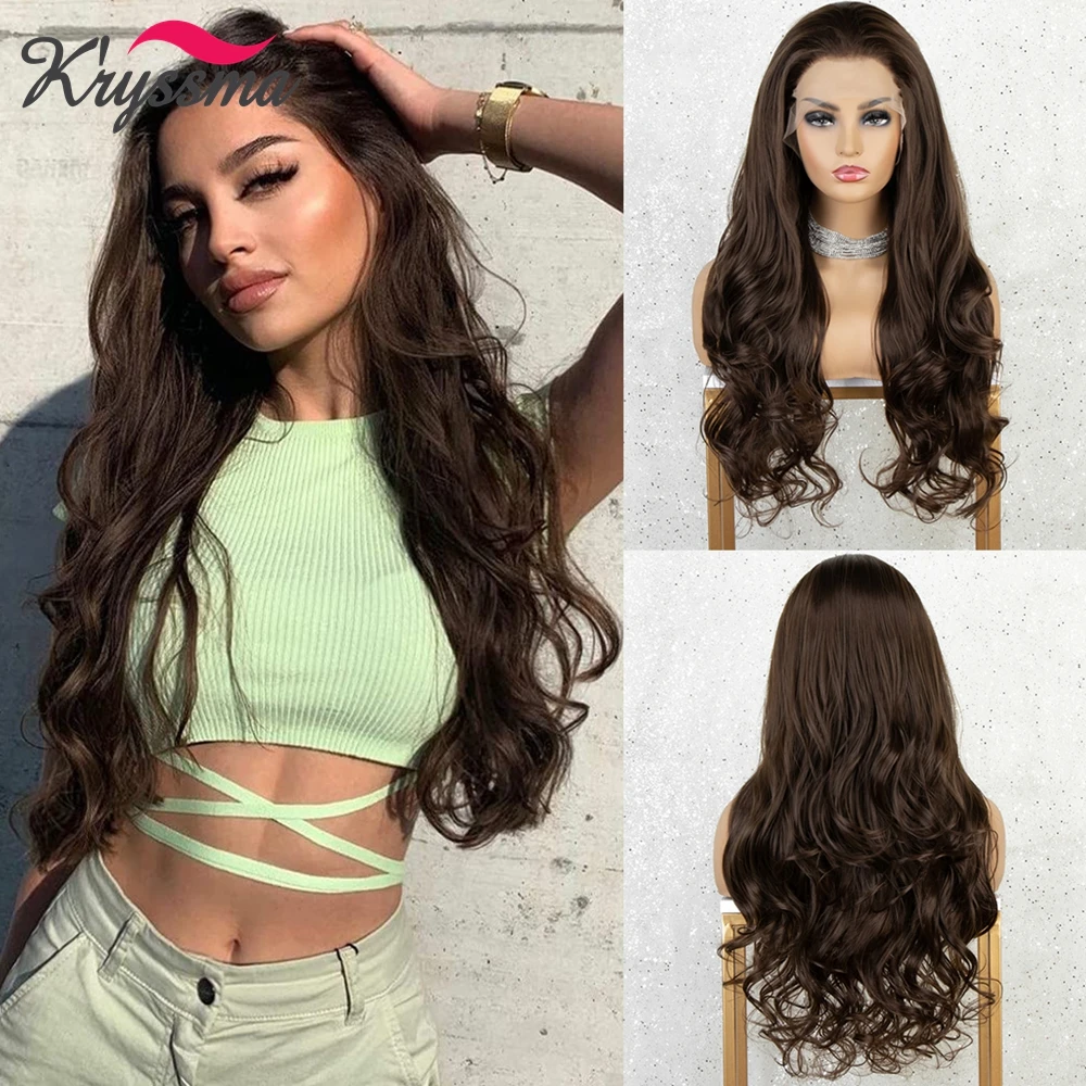 Kryssma Body Wave Synthetic Lace Front Wig Brown Synthetic Wigs For Women Long Wavy  Lace Front Wig Party Cosplay Natural Hair