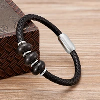 fashion genuine leather women bracelet men natural stone beads stainless steel magnetic clasp male female bracelets jewelry gift