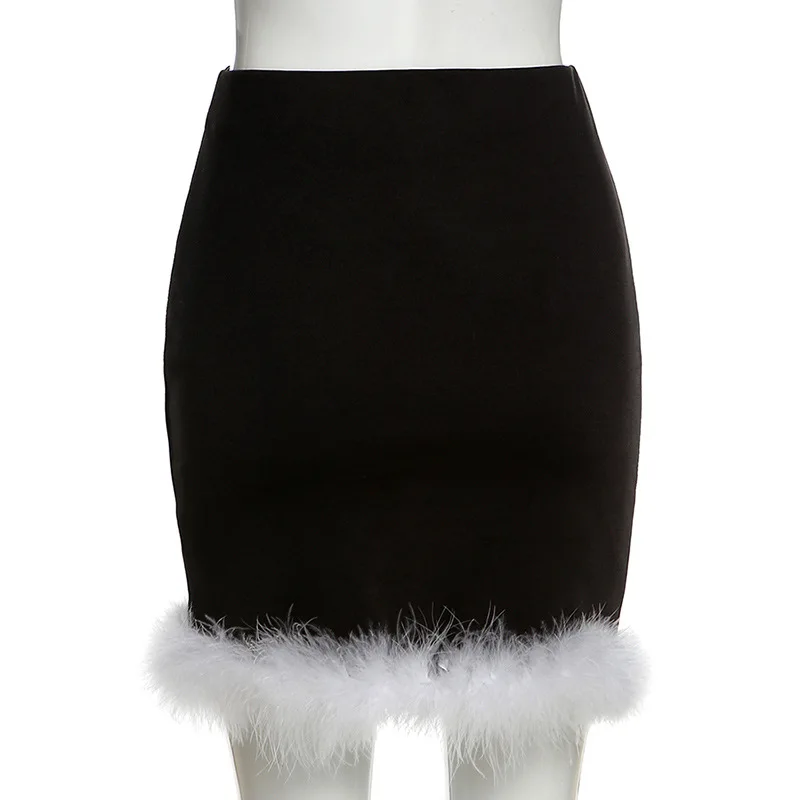 

Black Vintage Fur Trim Split Mini Skirts With Button Women Skinny High Waist Femme Bottom Streetwear Party Night Clubwear