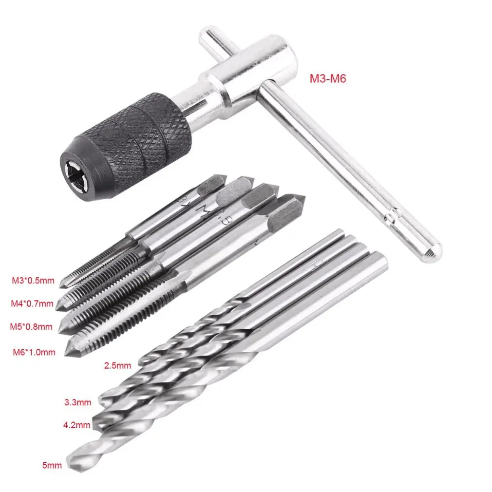 

9Pcs/set Adjustable M3-M6 T-Handle Ratchet Tap Wrench Hand Screw Thread Taps Reamer Tap Set With 4pcs Twist Drill Bits