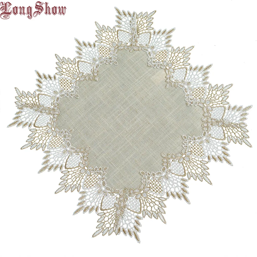 

LongShow Vintage Style Embroidered Lace Trim Linen Burlap 60x60cm Table Cover