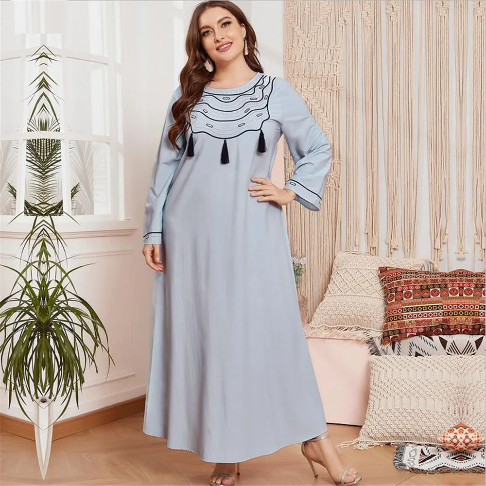 Женское длинное платье с вышивкой, свободное Повседневное платье макси с круглым вырезом и бахромой в турецком стиле