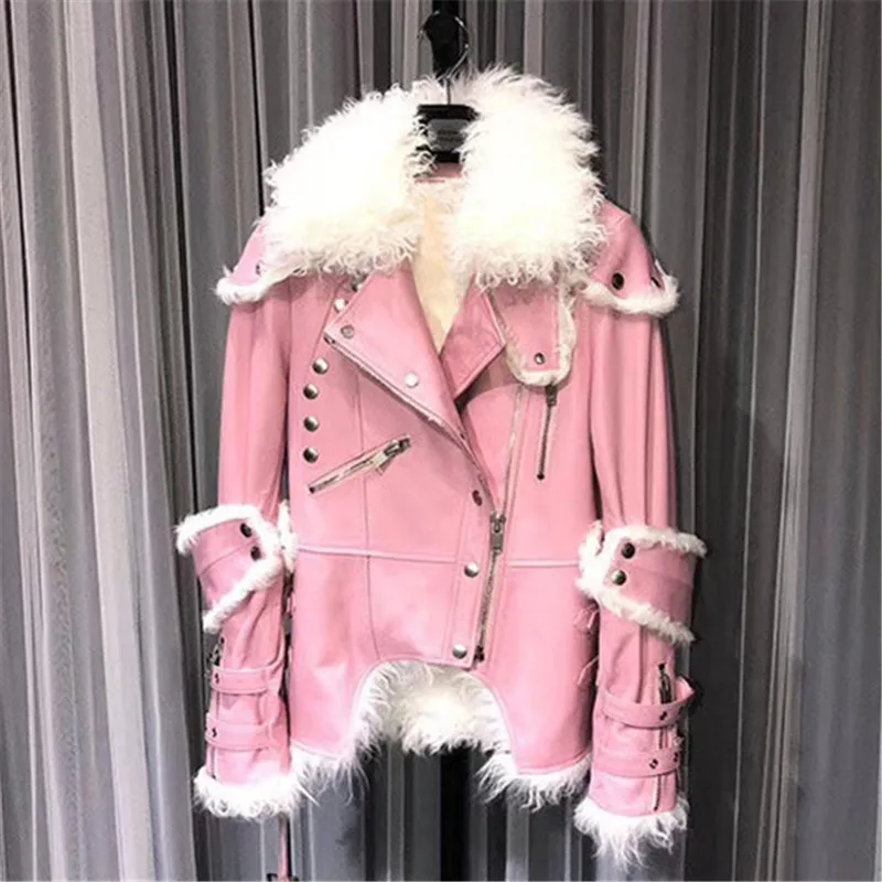 

Genuine Sheepskin Leather Jacket Women Mongolia Sheep Fur Collar Real Rex Rabbit Fur Liner Motorcycle Coat Pink Black