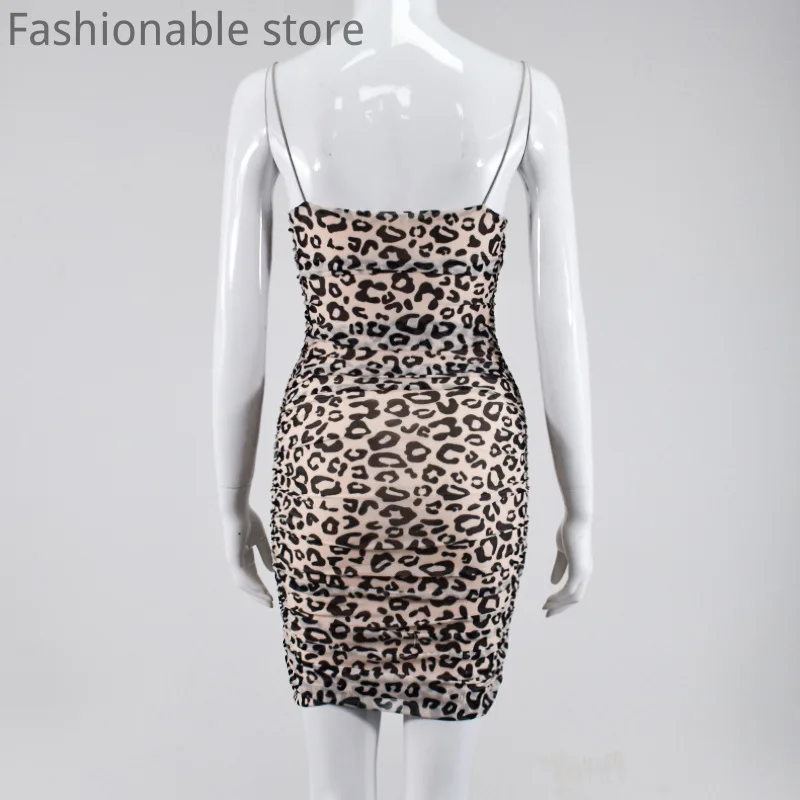 

Women Leopard Print Mesh Spaghetti Strap Ruched Bodycon Dress