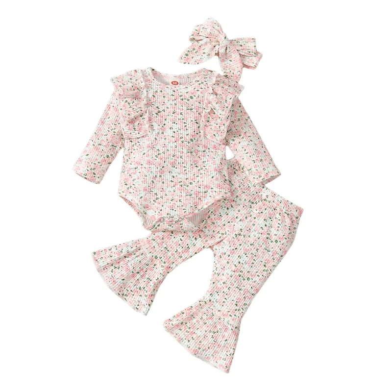 

Боди с длинным рукавом и цветочным принтом для новорожденных девочек 0-24 мес., топы, расклешенные брюки, повязка на голову с колокольчиком, комплект детской одежды из 3 предметов