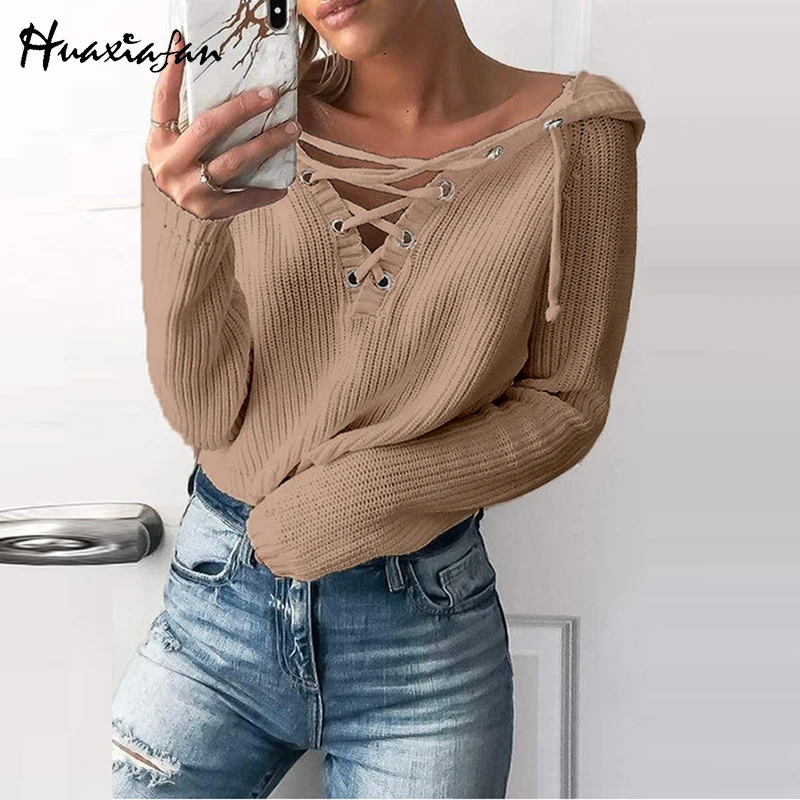 

Повседневный вязаный свитер Huaxiafan, женские пуловеры с капюшоном, элегантная свободная вязаная одежда на осень и зиму, 2021