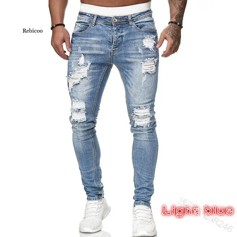 Men's Sweatpants Sexy Hole Jeans Pants Casual Summer Autumn Male Ripped Skinny Trousers Slim Biker Outwears Pants