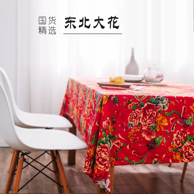 

Cotton Linen Chinese Style Red Peony Tablecloth National Northeast Large Flower Table Cover Decoration for Dining Table