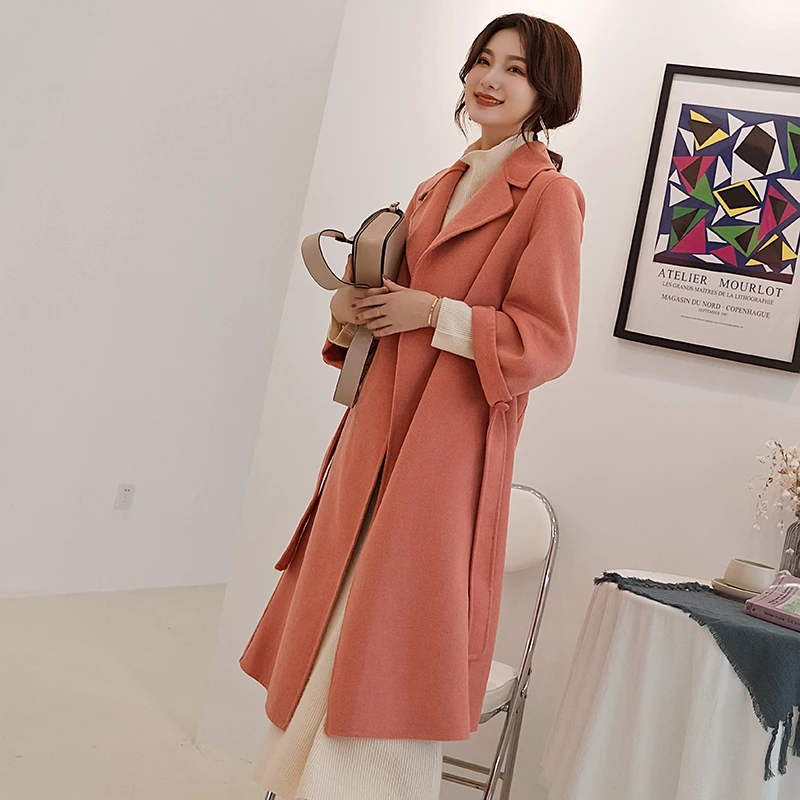 Pink Женское пальто, кашемировое, двухстороннее, свободное,, осень и зима, новое, Хепберн, ветровка, одноцветное, длинное, до колена, из чистой шерсти, шерстяное пальто - Цвет: Pink