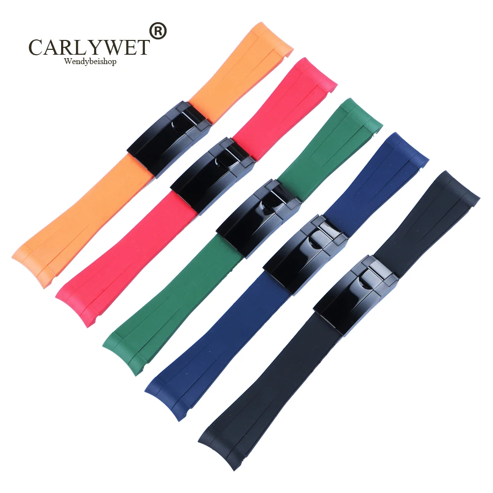 

CARLYWET 20mm Curved End Rubber WatchBand Strap With 9mm*16mm Black Watch Buckle Clasp For Rolex Daytona GMT Submariner Datejust