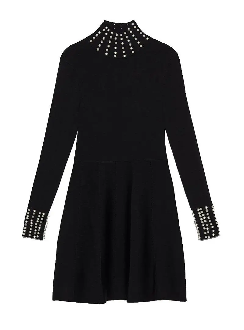 

Women's Long Sleeve Stand Collar High Elastic Beaded Knitted A-Line Party Dress Streetwear Elegant Dresses Mujer Vestido