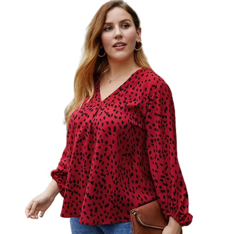 

Women Plus Size Lantern Sleeves Loose T-Shirt Sexy V-Neck Pleated Flowy Tunic Tops Leopard Dot Printed Asymmetric Pullover Blous