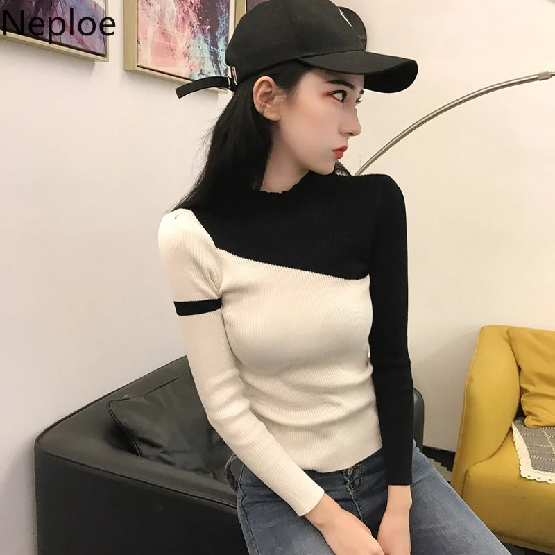 Neploe Bottom Sweater Women 2020 New Autumn Winter Fashion Half High Collar Skinny Slim Pull Femme Color Match Knit Top 46647 | Женская