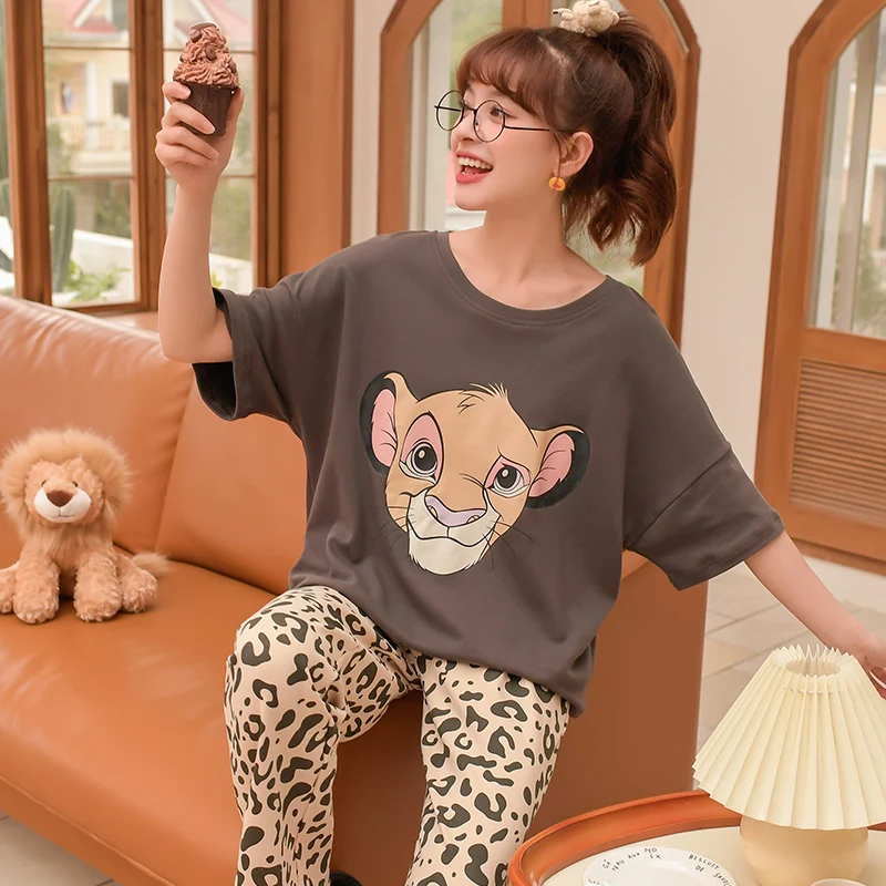 

Summer Cotton Pajamas Women's Short Sleeve Pants Lion King Simba Leopard Print Kawaii Cartoon Loose Home Suit Pajama Sets Women