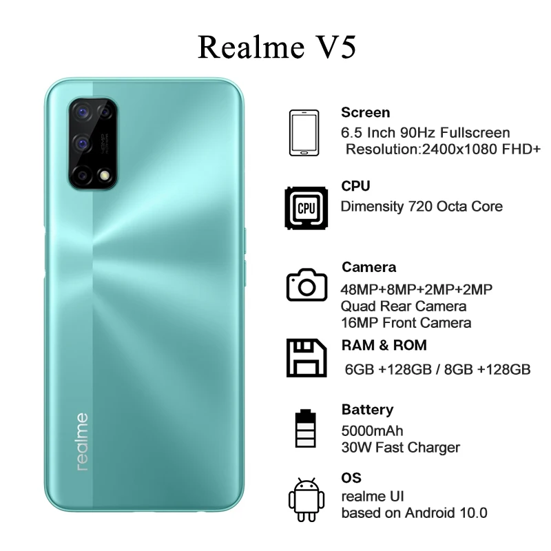 Realme V5 5G смартфон 6 5 дюймов FHD + 90 Гц Full Дисплей Dimensity 720 Octa Core 48MP Quad камеры 5000 мАч Android