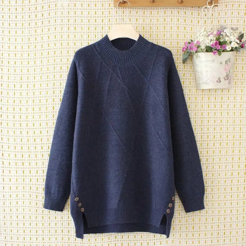 Плюс размер Кнопка o-образным вырезом шерсть женские свободные свитера 2020 новые