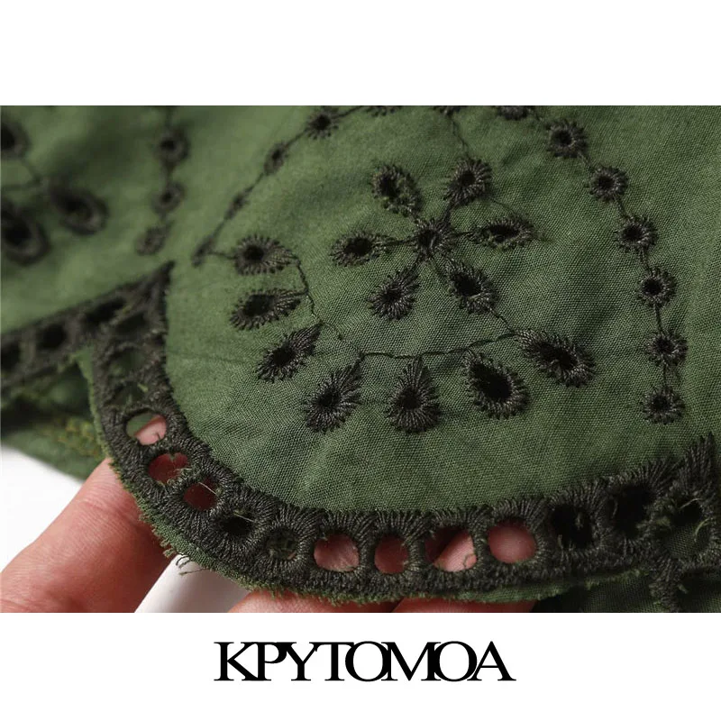 

KPYTOMOA Women 2020 Sweet Fashion Cutwork Embroidery Pleated Blouses Vintage O Neck Short Ruffled Sleeve Female Shirts Chic Tops