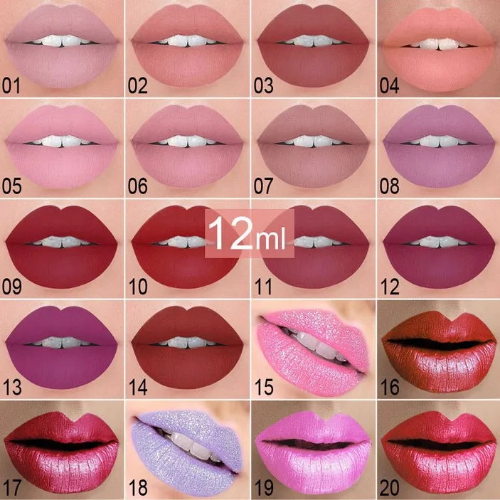 

20PCS Velvet matte lip gloss Waterproof Long Lasting Lipsticks Shimmer Mental Beauty Nude Glitter Lip Gloss Wholesale