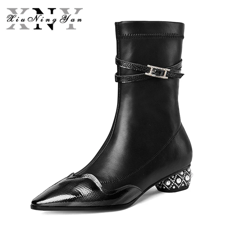 

Модные женские эластичные ботинки Xiuningyan, ботинки челси из натуральной кожи, женские ботильоны, удобная базовая обувь ручной работы для женщ...