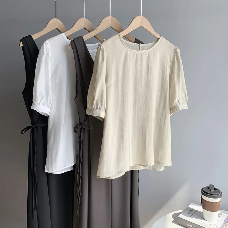 

Work Style Ol Simple Elegant 2 Pcs Women Dress Sets V-neck Side Bandage Slim Waist Overalls Dresses + O-neck Short Sleeve Tops
