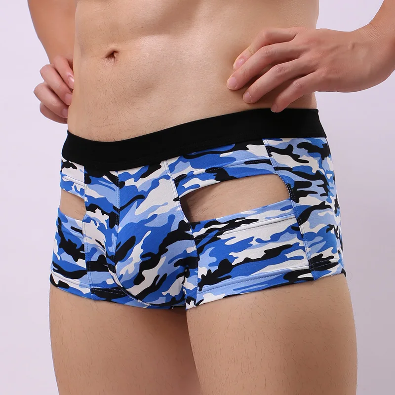 Боксеры мужские с вырезами пикантное нижнее белье камуфляжные дышащие хлопковые