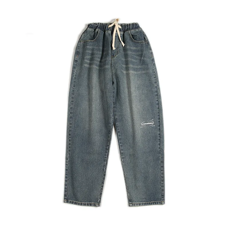 

Harajuku Mid Waist Denim Trousers Men's Spring Autumn New Style Straight Jeans Male Youth Printed Loose Old Daddy Wide Leg Pants