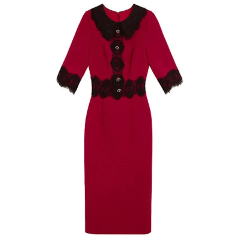 

Office Lady Wine Red Annual Meeting Lace Dress 2021 New Spring Nail O-neck Waist Shows Thin Temperament Medium Length Skirt XL