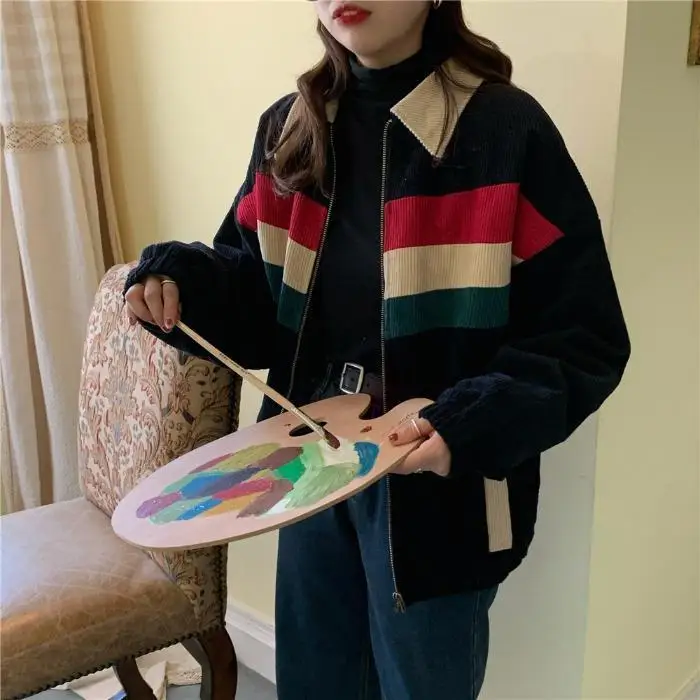 

Harajuku Long Sleeve Patchwork Oversize Zipper Jacket School Women Spring Color Block Corduroy Jacket Female Boyfriend Style