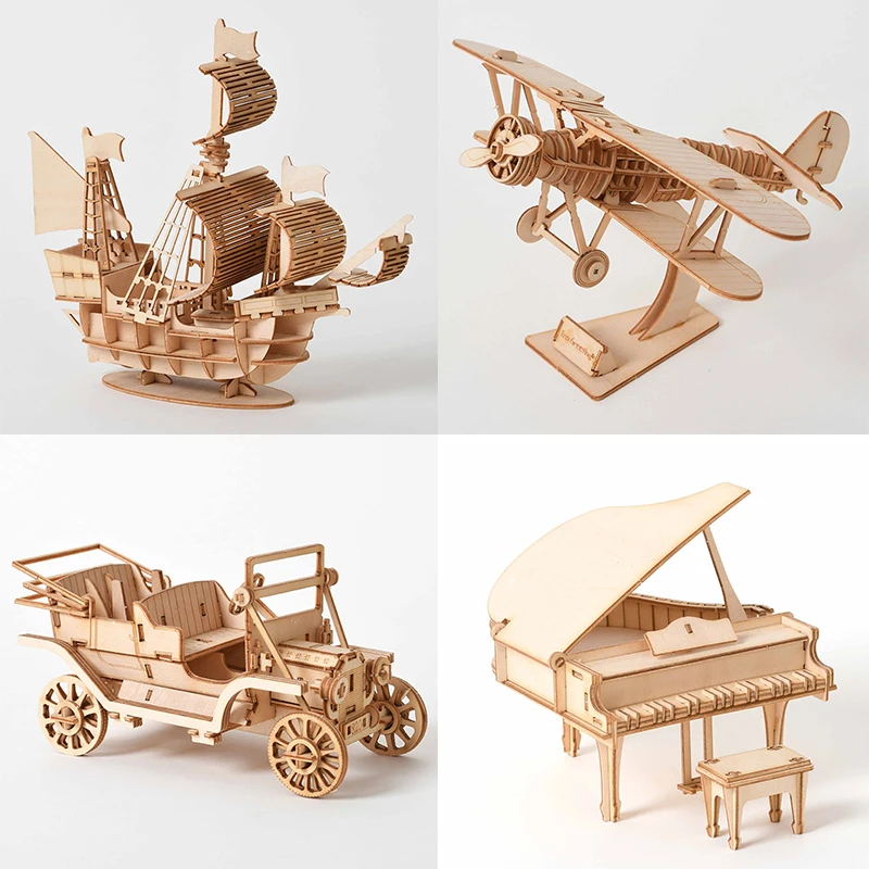ثلاثية الأبعاد لغز خشبي نموذج DIY بها بنفسك اليدوية الميكانيكية لعب للأطفال مجموعة الكبار لعبة تجميع السفن قطار الطائرة
