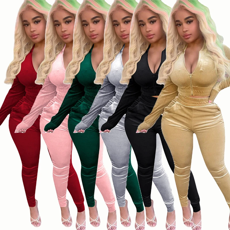 

Women Two Piece Set Women Velvet Hoodied Long Sleeve Crop Top Stacked Pants Leggings 2 Piece Set Outfits Tracksuit Sweatsuit