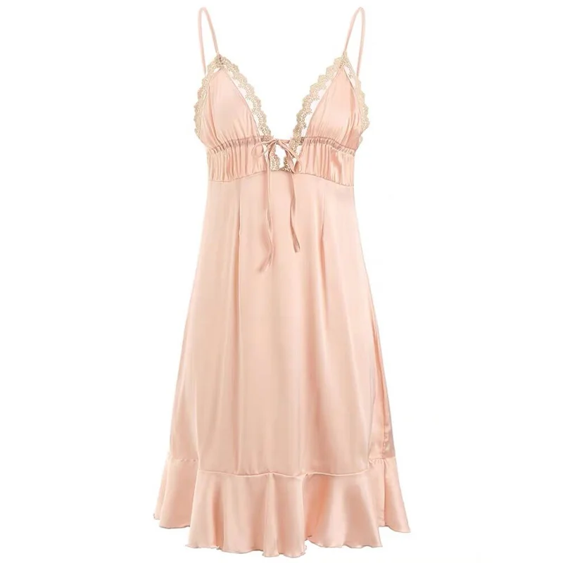 

2021 Woman Sexy Lace Nightdress Thin Section Silk Backless Temptation Sling Satin SleepDress Mini Nightdress Nightwear Lingerie