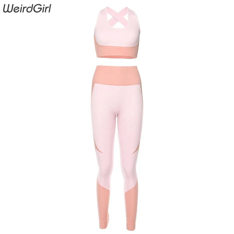 Weirdgirl/женские комплекты из 2 предметов, спортивный костюм для фитнеса, винтажный эластичный Топ на бретелях с подушечками, длинные леггинсы с высокой талией, повседневная спортивная одежда, новинка - Цвет: Розовый