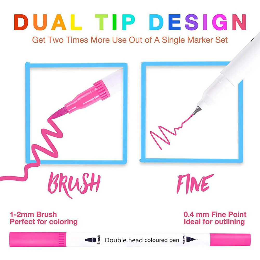 

100Pcs Dual Tip Brush Pens Double Head Colored Pens Fineliner Pens Stationery