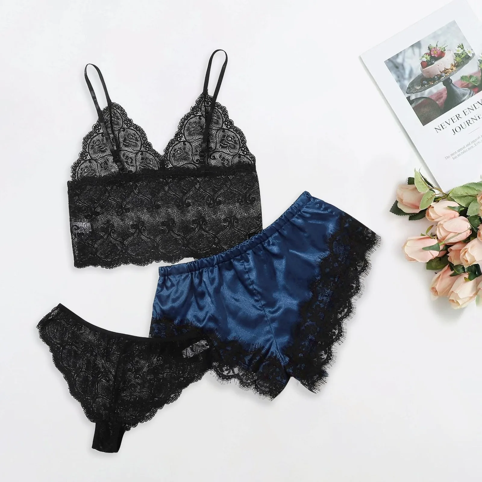 

Women Sleepwear Sexy Lace Lingerie Silk home suit Underwear Nightwear Pajamas Satin Camisones Para Dormir