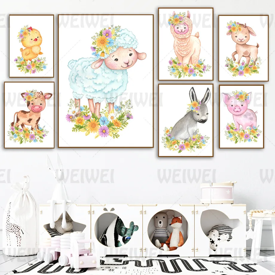 

Cartoon Flowers Small Animals Home Decoration Painting Chicken Sheep Cow Alpaca Living Room Wall Canvas Poster Deer Pig Print