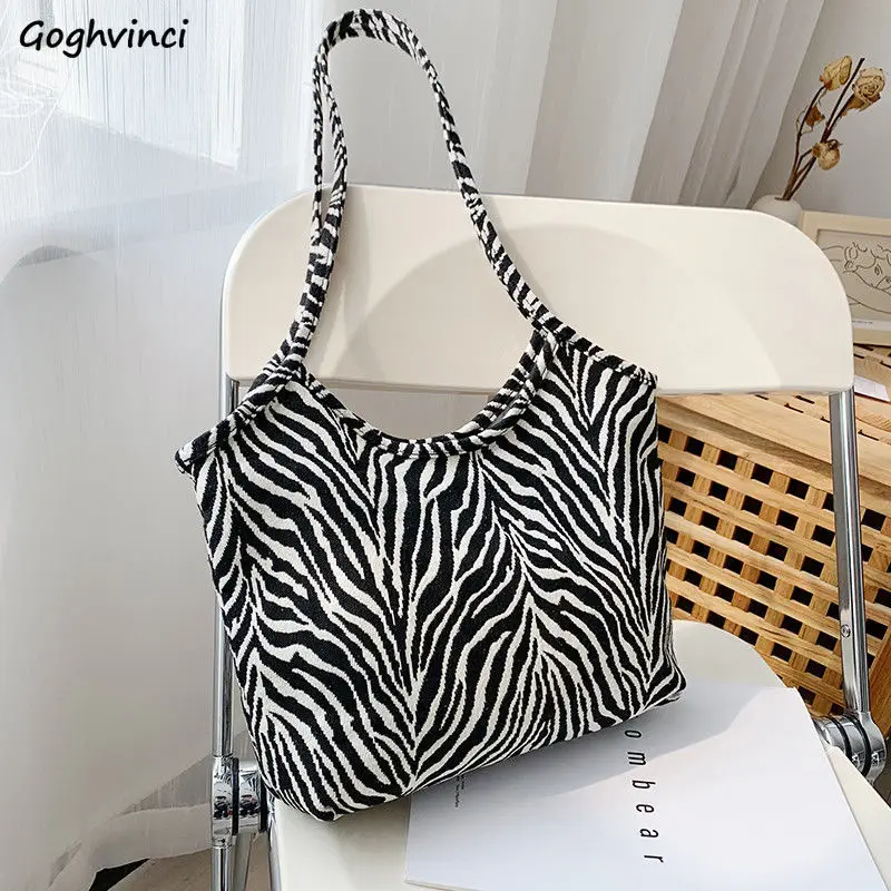 

Canvas Shoulder Bags Women Vintage Zebra Printed Underarm Totes Large Capacity Students School All-match Shopper Daily Handbags